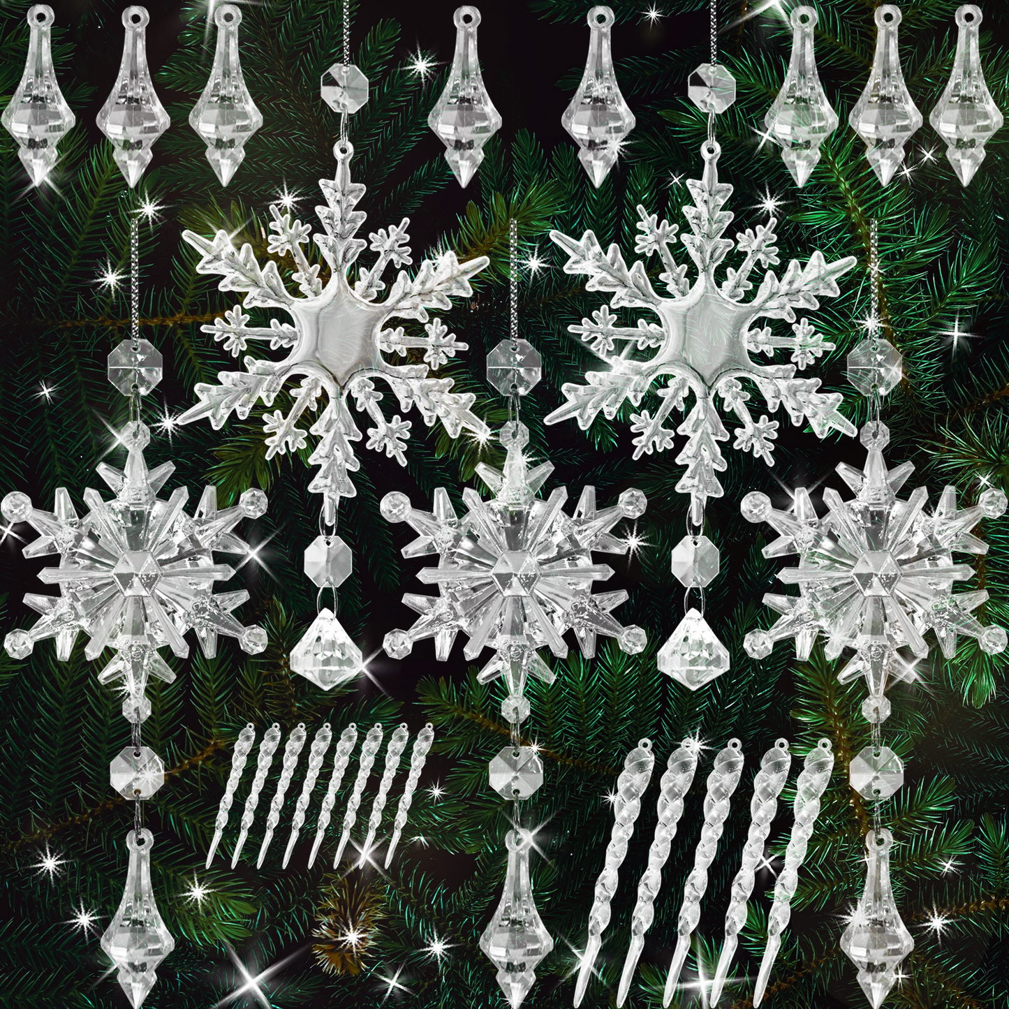 ULLIKI Christmas Tree Decorations Sets - Icicle Ornaments, Snowflake Decorations, and Clear Acrylic Hanging Crystals for an Enchanting Festive Xmas and New Year Celebration