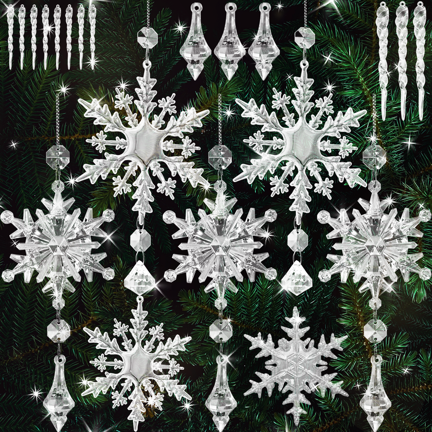 ULLIKI Christmas Tree Decorations Sets - Icicle Ornaments, Snowflake Decorations, and Clear Acrylic Hanging Crystals for an Enchanting Festive Xmas and New Year Celebration