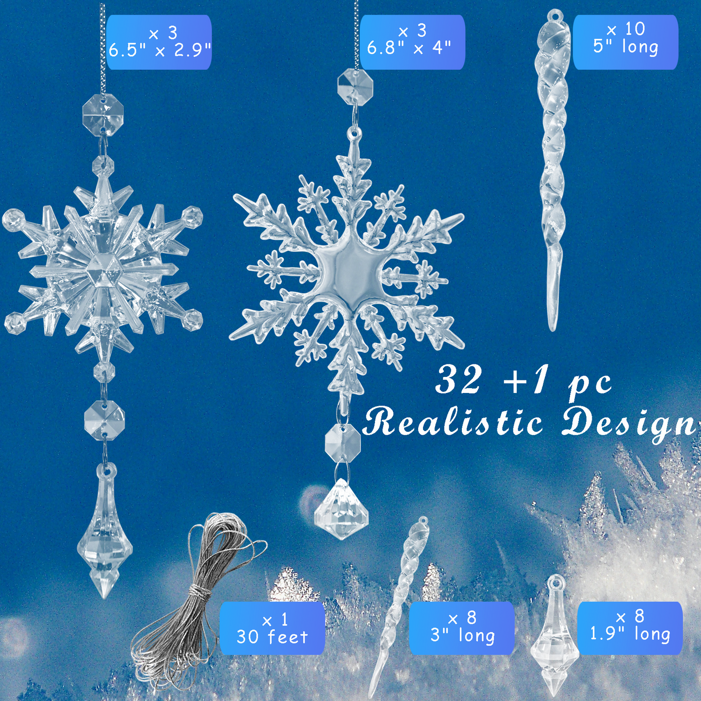 ULLIKI Christmas Tree Decorations Sets - Icicle Ornaments, Snowflake Decorations, and Clear Acrylic Hanging Crystals for an Enchanting Festive Xmas and New Year Celebration