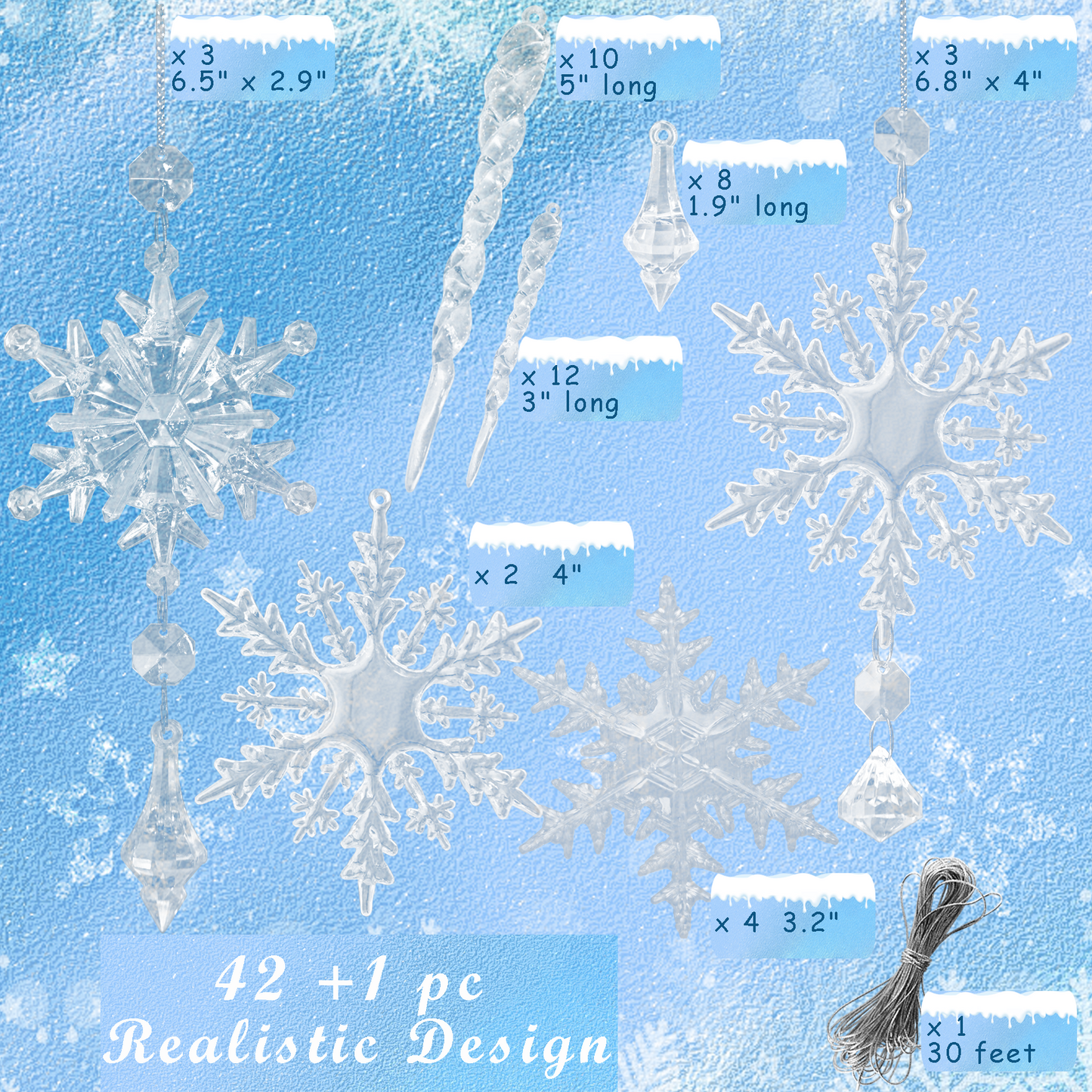 ULLIKI Christmas Tree Decorations Sets - Icicle Ornaments, Snowflake Decorations, and Clear Acrylic Hanging Crystals for an Enchanting Festive Xmas and New Year Celebration