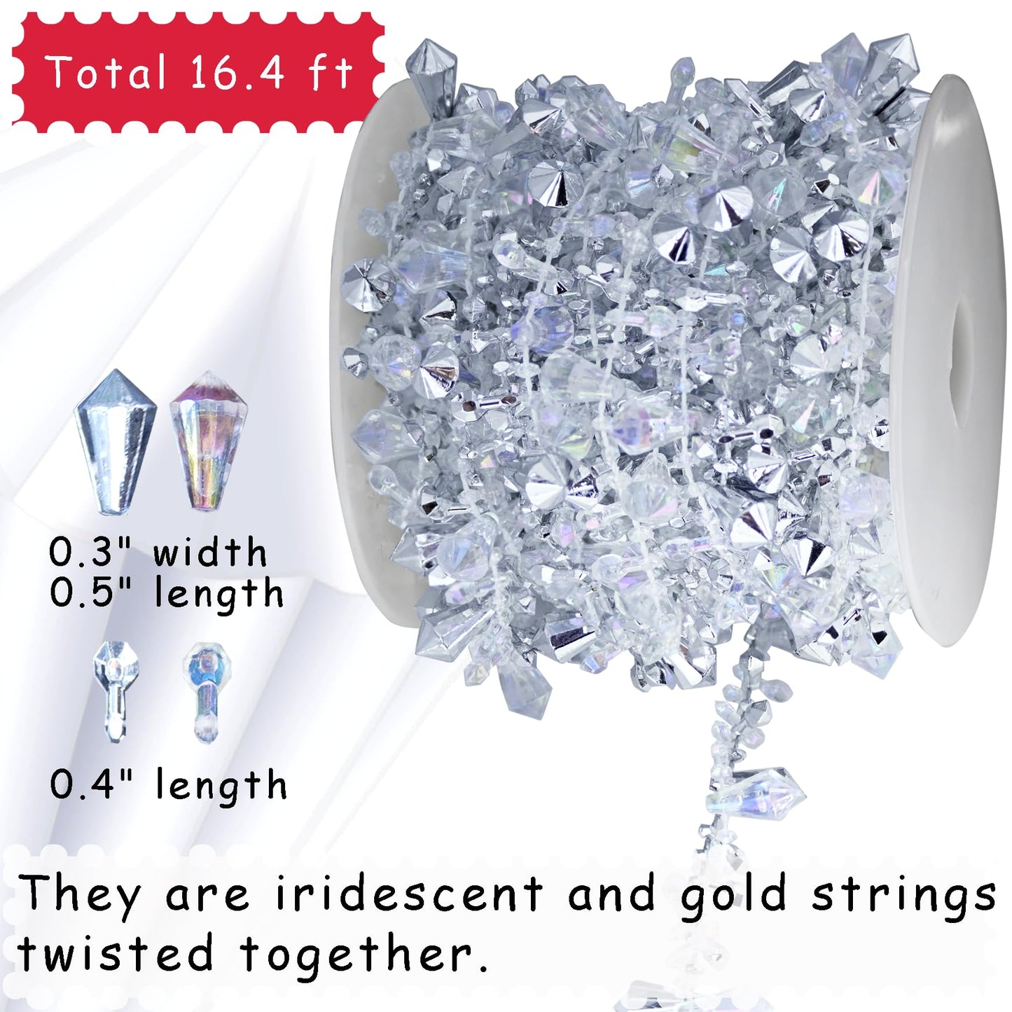 ULLIKI Sparkling Acrylic Diamond Christmas Decorations Set for Tree Ornaments, Beaded Garland Wreath Ribbon, Glass Crystal String, Table Party Wedding Door Window Hanging Decor Silver