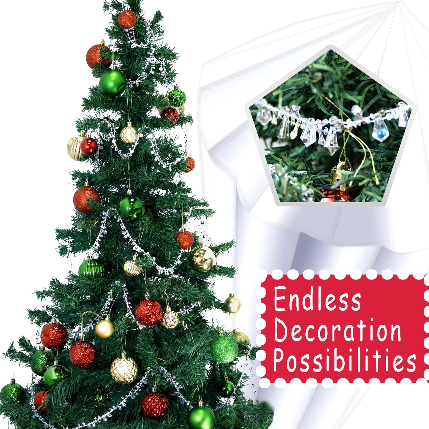 ULLIKI Sparkling Acrylic Diamond Christmas Decorations Set for Tree Ornaments, Beaded Garland Wreath Ribbon, Glass Crystal String, Table Party Wedding Door Window Hanging Decor Silver