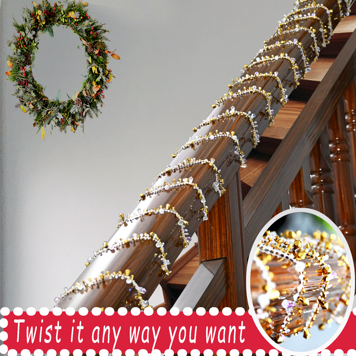 ULLIKI Sparkling Acrylic Diamond Christmas Decorations Set for Tree Ornaments, Beaded Garland Wreath Ribbon, Glass Crystal String, Table Party Wedding Door Window Hanging Decor