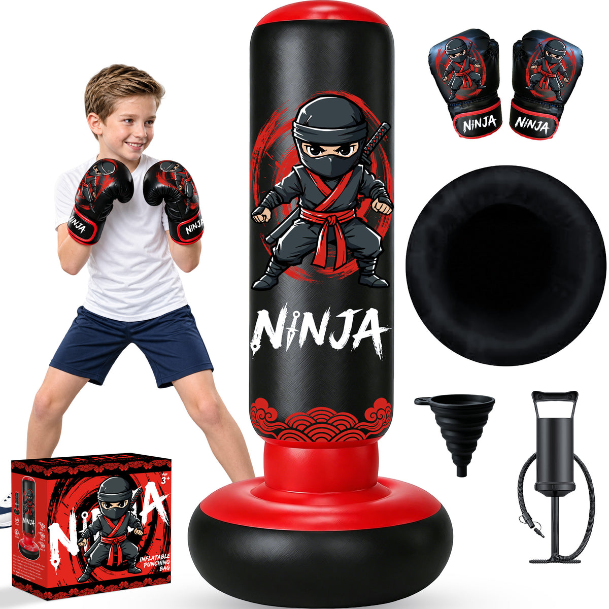 Inflatable Punching Bag for Kids 8-12, 66 in Kids Punching Bag with Gloves, 5-in-1 Ninja Boxing Bag for Karate, Taekwondo, MMA, Birthday Gift for Boys and Girls, Christmas Gift for Boys and Girls