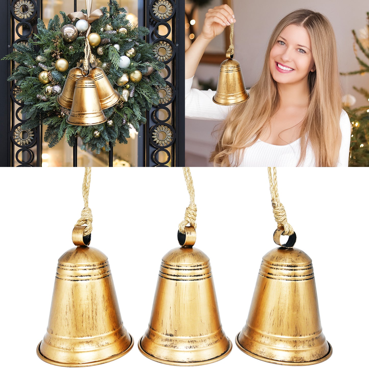 SIBLORNIX Christmas Ornament Decoration Bell: Large Vintage Gold Outdoor Hanging Bell, Metal Rustic Bell for Christmas Tree, Mantle, Wreath, Wind Chime, Porch, Door, Pine, Yard, Wreath (Bell)