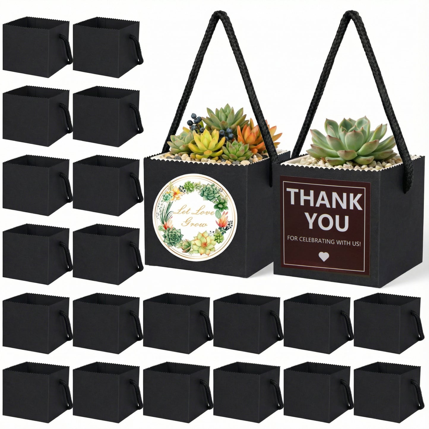2.5 Inch Succulents Wrap Bags with Thank You &amp; Let Love Grow Stickers, Party Favor Boxes for Baby Shower Favors for Guests, Mini Gift Bags with Handles for Wedding Favors for Guests