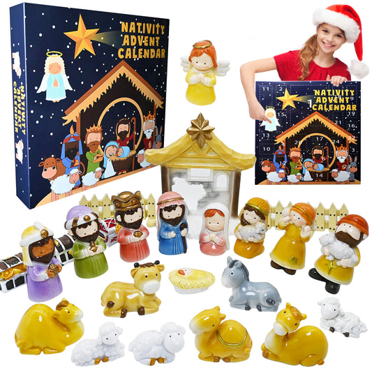 Amestrina Advent Calendar 2024 for Kids to Christmas Countdown, Nativity Advent Calendar for Girls Boys Teens Toddlers, Nativity Scene Set Christmas Advent Calendar Gifts for Friends Familys (Blue)