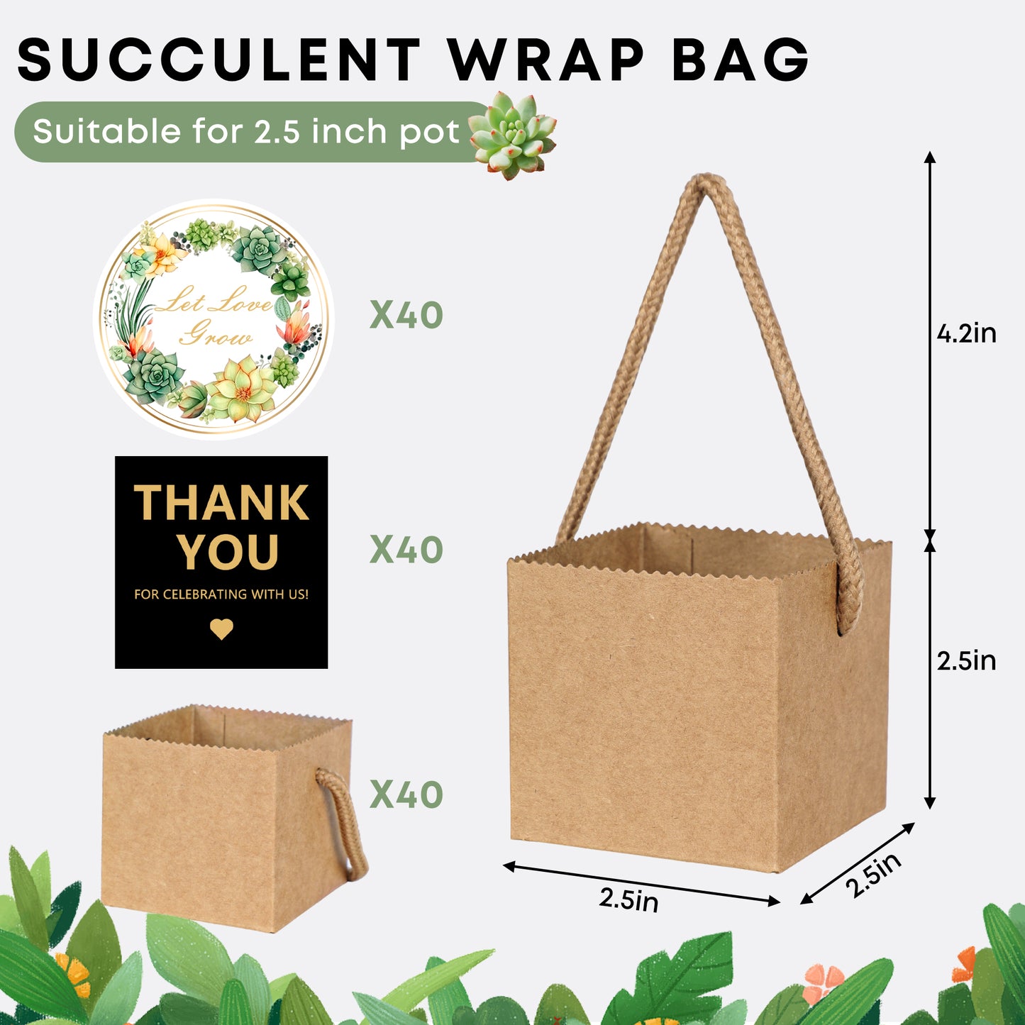 2.5 Inch Succulents Wrap Bags with Thank You &amp; Let Love Grow Stickers, Party Favor Boxes for Baby Shower Favors for Guests, Mini Gift Bags with Handles for Wedding Favors for Guests