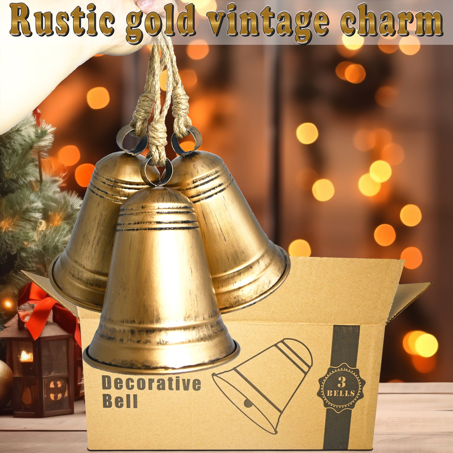 SIBLORNIX Christmas Ornament Decoration Bell: Large Vintage Gold Outdoor Hanging Bell, Metal Rustic Bell for Christmas Tree, Mantle, Wreath, Wind Chime, Porch, Door, Pine, Yard, Wreath (Bell)