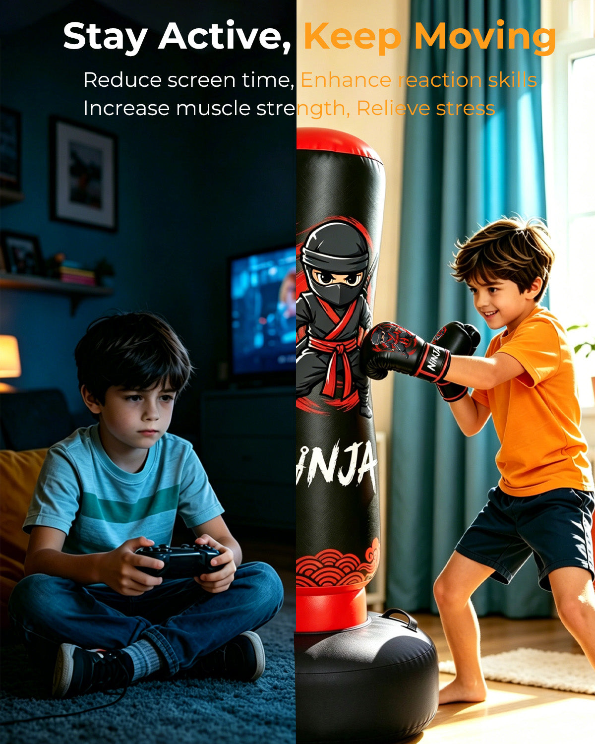 Inflatable Punching Bag for Kids 8-12, 66 in Kids Punching Bag with Gloves, 5-in-1 Ninja Boxing Bag for Karate, Taekwondo, MMA, Birthday Gift for Boys and Girls, Christmas Gift for Boys and Girls