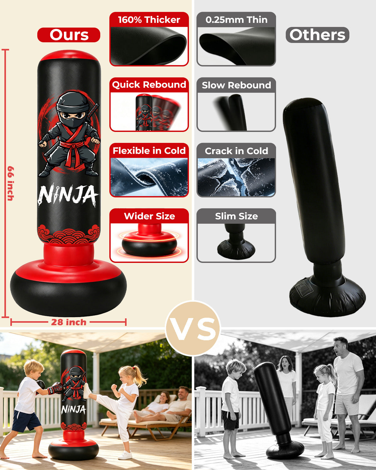 Inflatable Punching Bag for Kids 8-12, 66 in Kids Punching Bag with Gloves, 5-in-1 Ninja Boxing Bag for Karate, Taekwondo, MMA, Birthday Gift for Boys and Girls, Christmas Gift for Boys and Girls