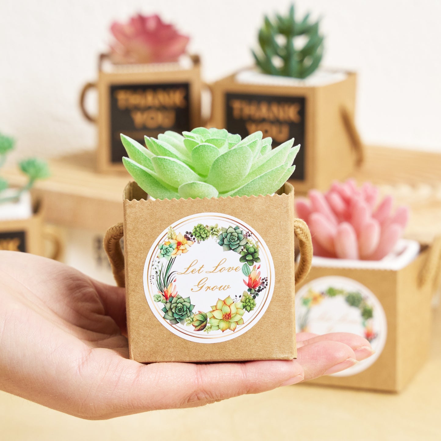 2.5 Inch Succulents Wrap Bags with Thank You &amp; Let Love Grow Stickers, Party Favor Boxes for Baby Shower Favors for Guests, Mini Gift Bags with Handles for Wedding Favors for Guests