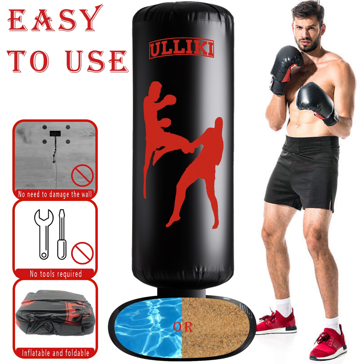 ULLIKI 65" Punching Bag for Adults and Kids with Gloves - Freestanding Heavy Boxing Bag, Inflatable Boxing Training Equipment Practice Daily Boxing Activities Gift for Kids, Men, Women, boy, Girl