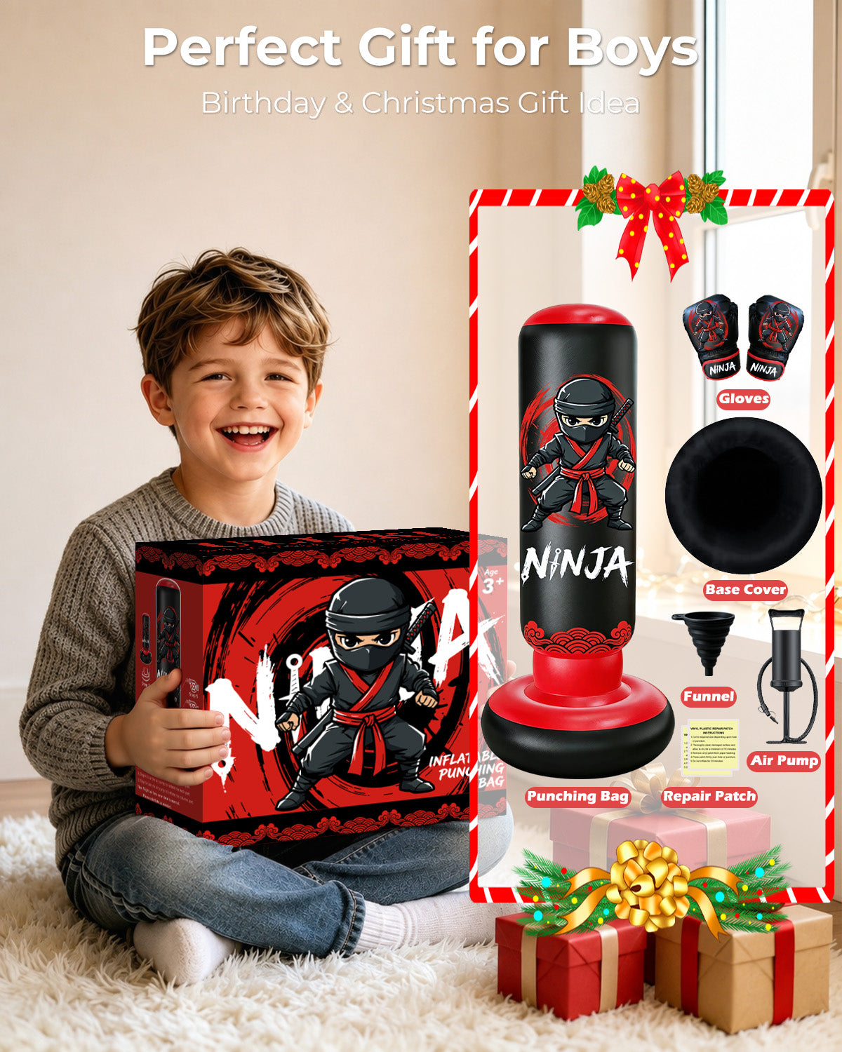 Inflatable Punching Bag for Kids 8-12, 66 in Kids Punching Bag with Gloves, 5-in-1 Ninja Boxing Bag for Karate, Taekwondo, MMA, Birthday Gift for Boys and Girls, Christmas Gift for Boys and Girls