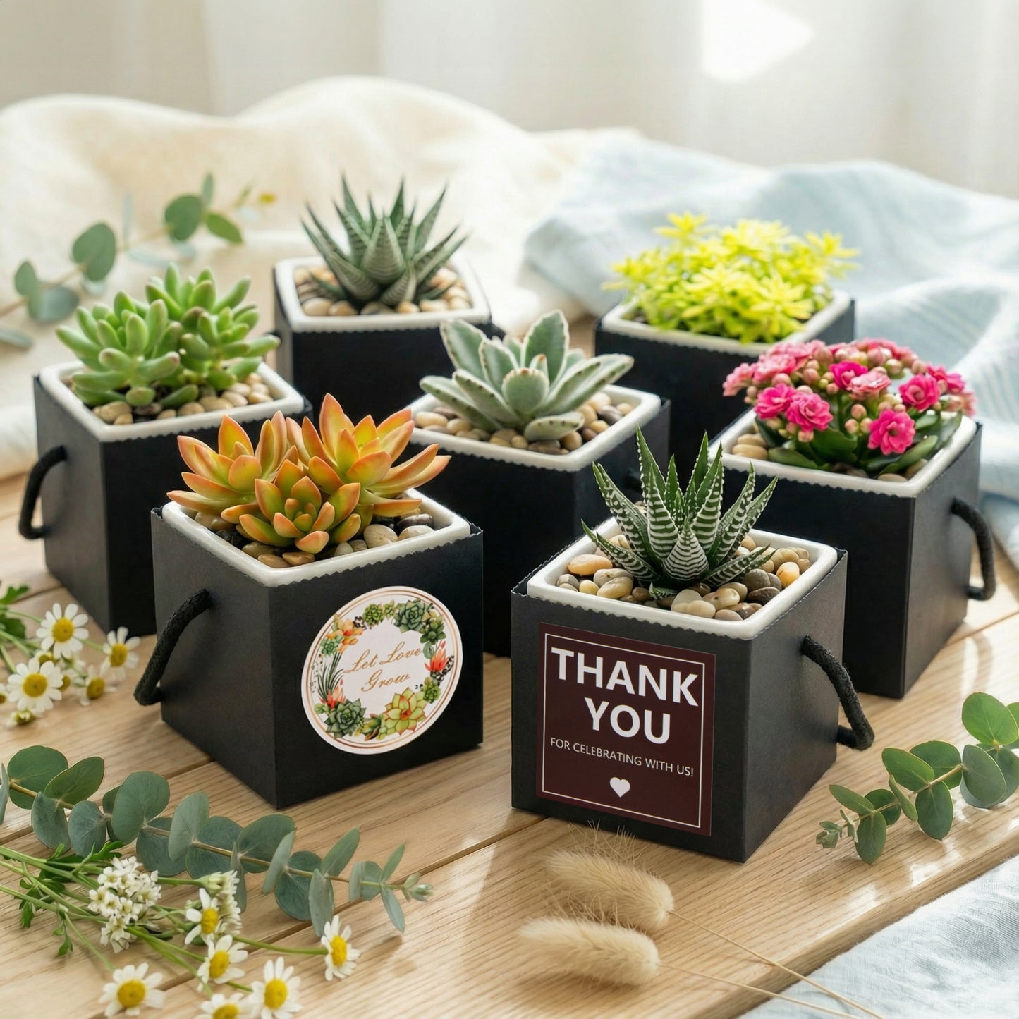 2.5 Inch Succulents Wrap Bags with Thank You &amp; Let Love Grow Stickers, Party Favor Boxes for Baby Shower Favors for Guests, Mini Gift Bags with Handles for Wedding Favors for Guests