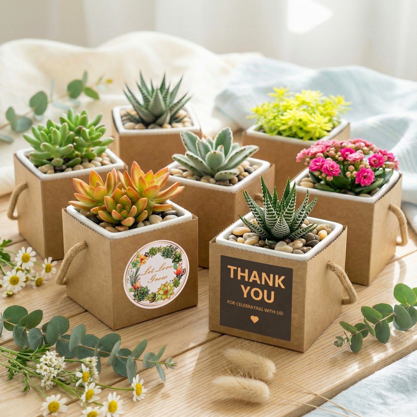 2.5 Inch Succulents Wrap Bags with Thank You &amp; Let Love Grow Stickers, Party Favor Boxes for Baby Shower Favors for Guests, Mini Gift Bags with Handles for Wedding Favors for Guests